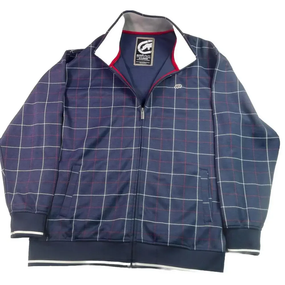 Ecko Unltd Track Jacket Mens XL Blue Plaid Full Zip Embroidered Hip Hop Y2K